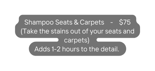 Shampoo Seats Carpets 75 Take the stains out of your seats and carpets Adds 1 2 hours to the detail